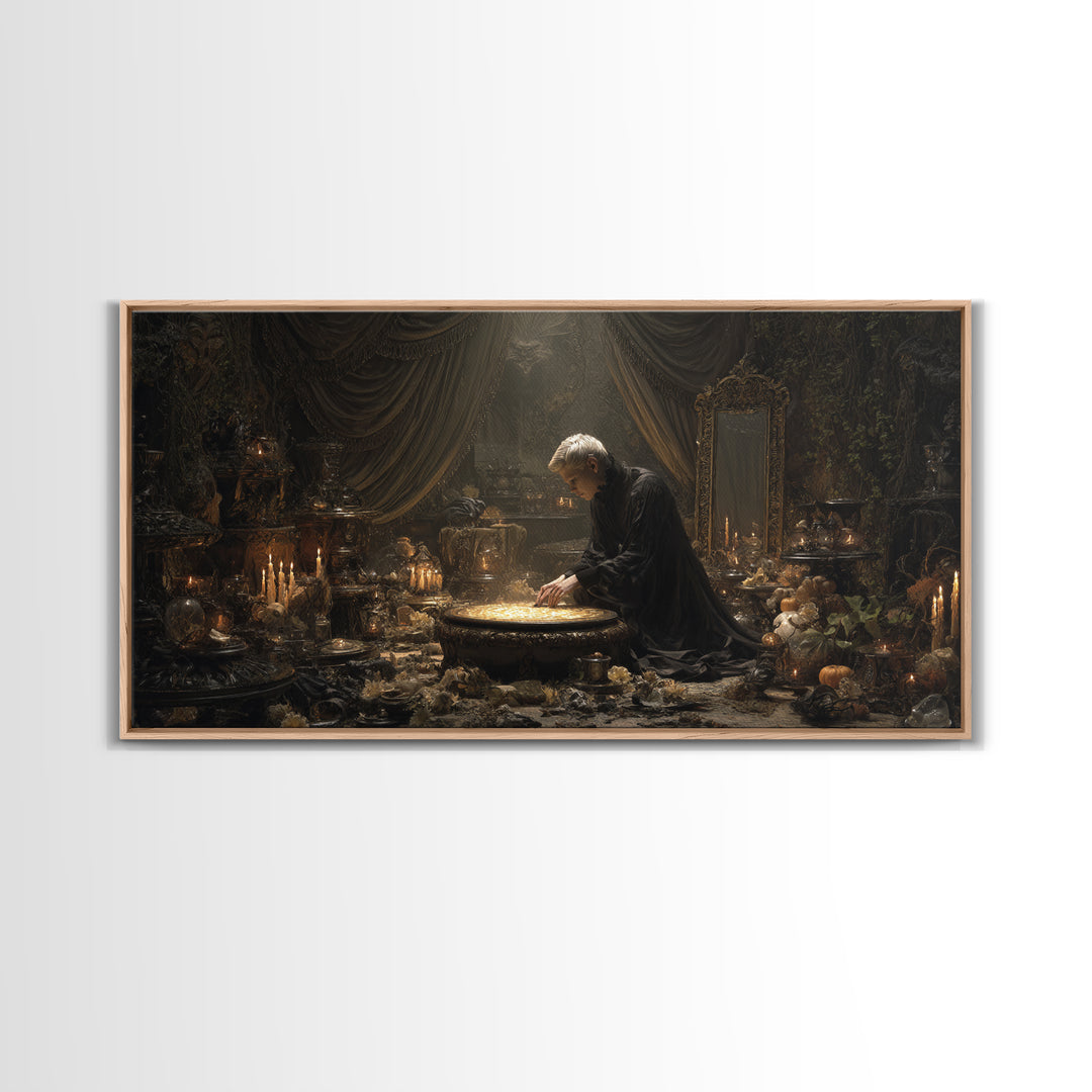The Cave Oracle, Wide Panoramic Art, Haunted Gothic Art, Framed Canvas Print, Halloween Wall Decor, Gothic Home Decor