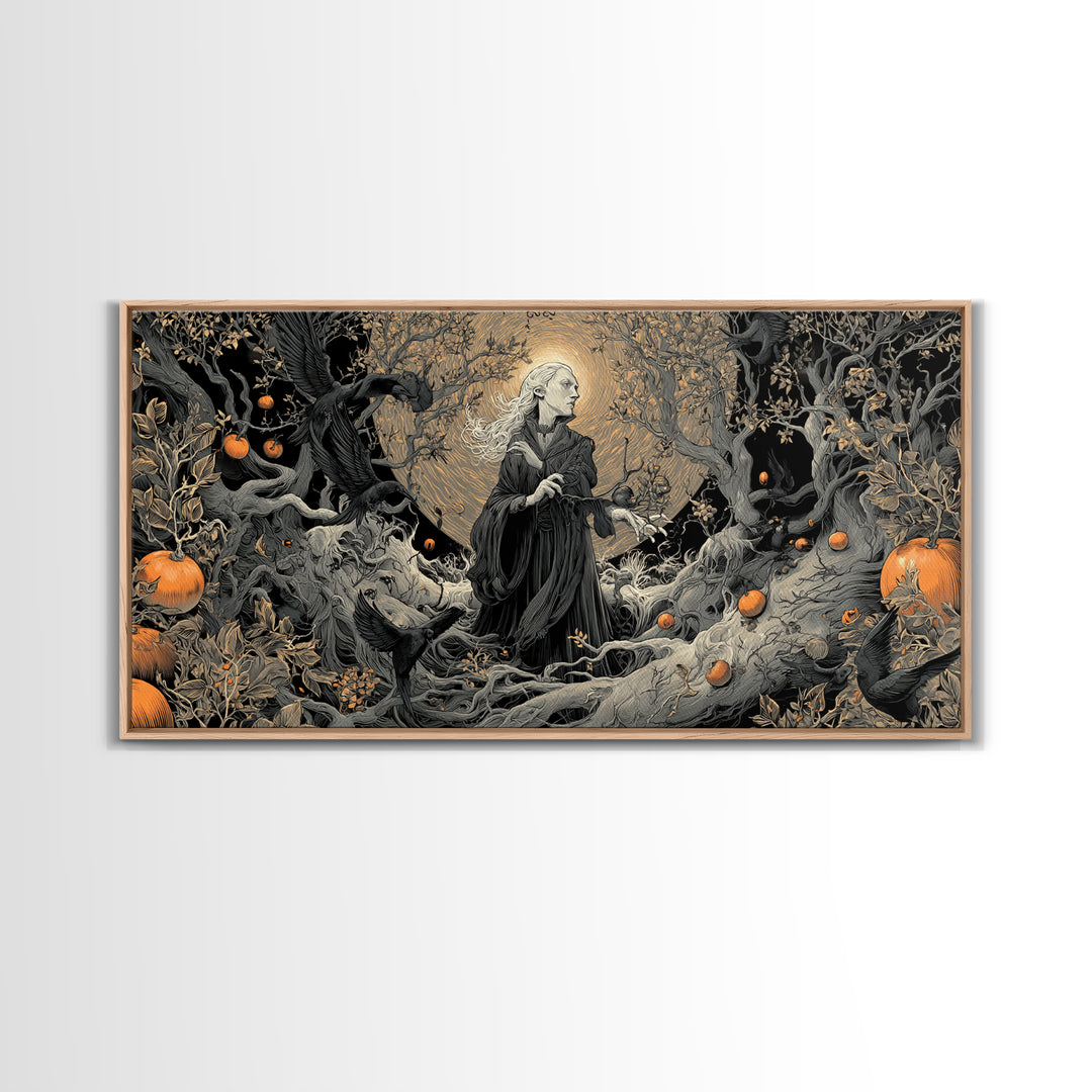 The Orchard Hag, Wide Panoramic Art, Gothic Horror Wall Art, Framed Canvas Print, Halloween Wall Decor, Gothic Home Decor