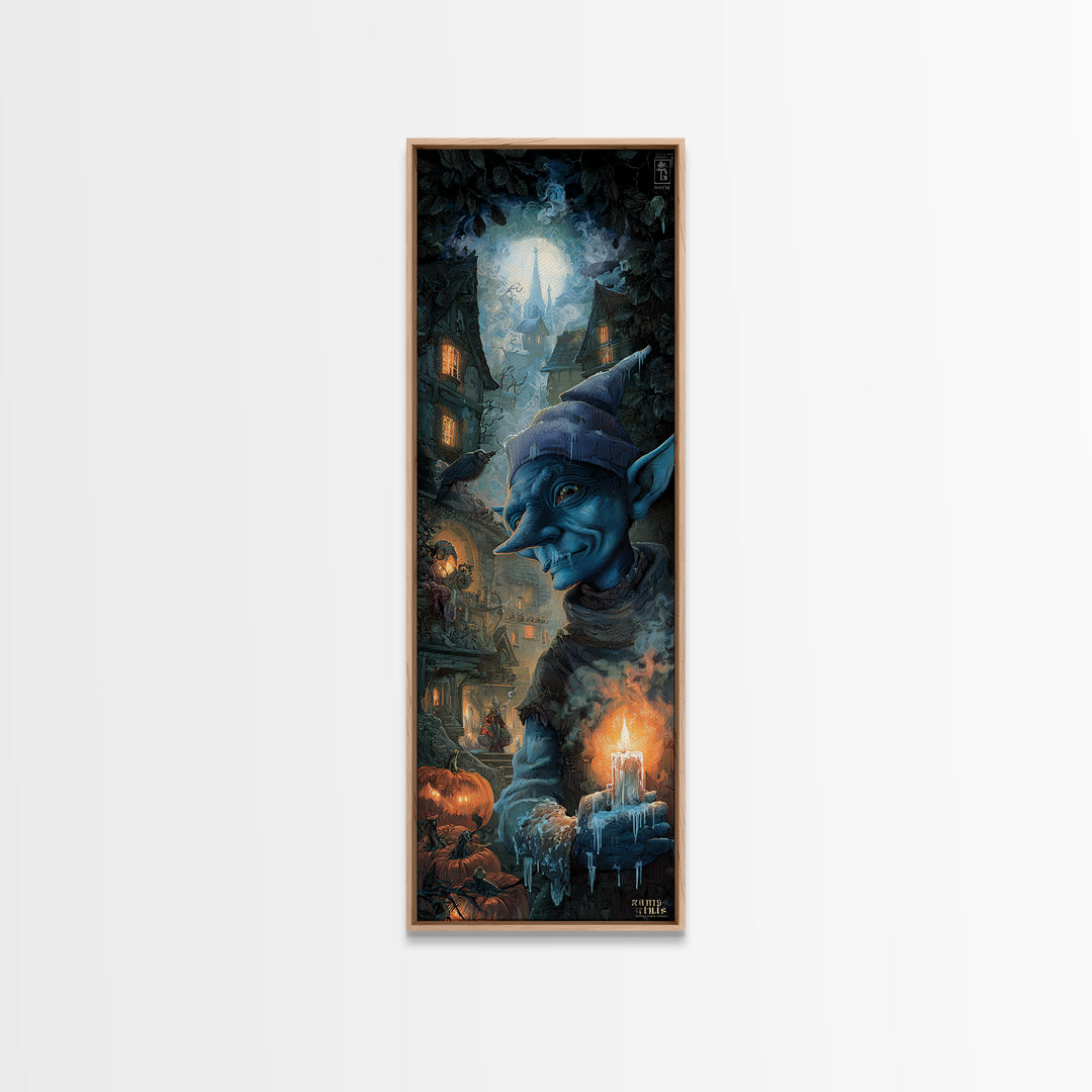 The Frost Goblin, Tall Narrow Wall Art, Macabre Wall Art, Framed Canvas Print, Halloween Wall Decor, Gothic Home Decor, Seasonal Home Decor