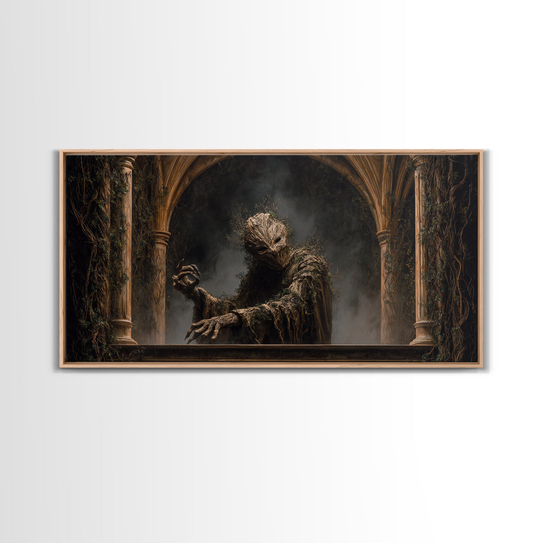 The Hollow-Tree Monster, Wide Panoramic Art, Macabre Wall Art, Framed Canvas Print, Halloween Wall Decor, Gothic Home Decor
