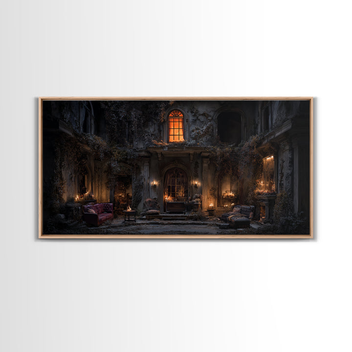 The Haunted Manor, Wide Panoramic Art, Macabre Wall Art, Framed Canvas Print, Halloween Wall Decor, Gothic Home Decor, Horror Wall Art
