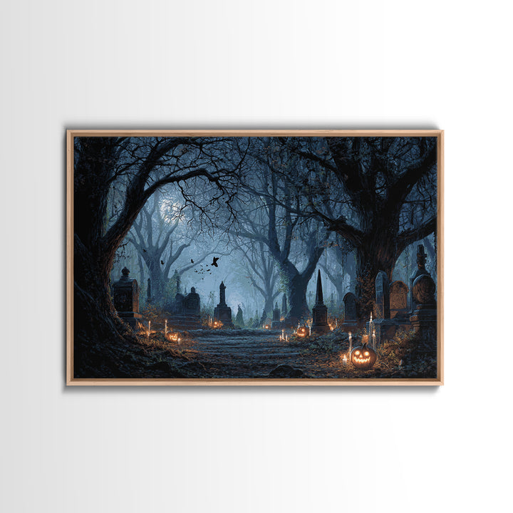 The Moonlit Cemetery, Landscape Wall Art, Gothic Horror Wall Art, Framed Canvas Print, Halloween Wall Decor, Gothic Home Decor