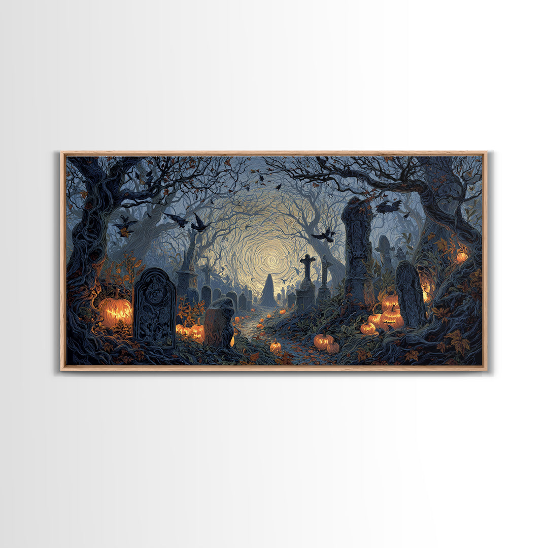 The Moonlit Cemetery, Wide Panoramic Art, Spooky Home Decor, Canvas Print, Halloween Wall Decor, Gothic Home Decor, Halloween Wall Art