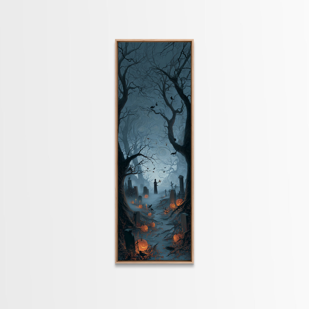 The Moonlit Cemetery, Tall Narrow Wall Art, Haunted Gothic Art, Framed Canvas Print, Halloween Wall Decor, Gothic Home Decor