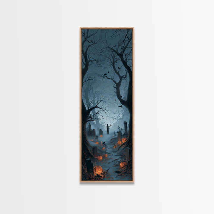 The Moonlit Cemetery, Tall Narrow Wall Art, Haunted Gothic Art, Framed Canvas Print, Halloween Wall Decor, Gothic Home Decor