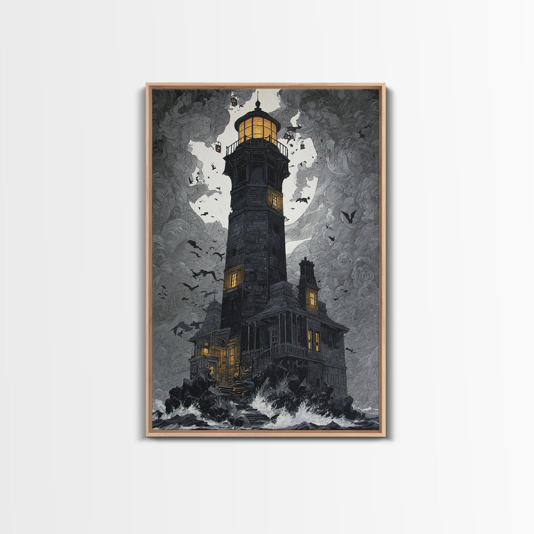 The Cursed Lighthouse, Vertical Wall Art, Macabre Wall Art, Framed Canvas Print, Halloween Wall Decor, Gothic Home Decor