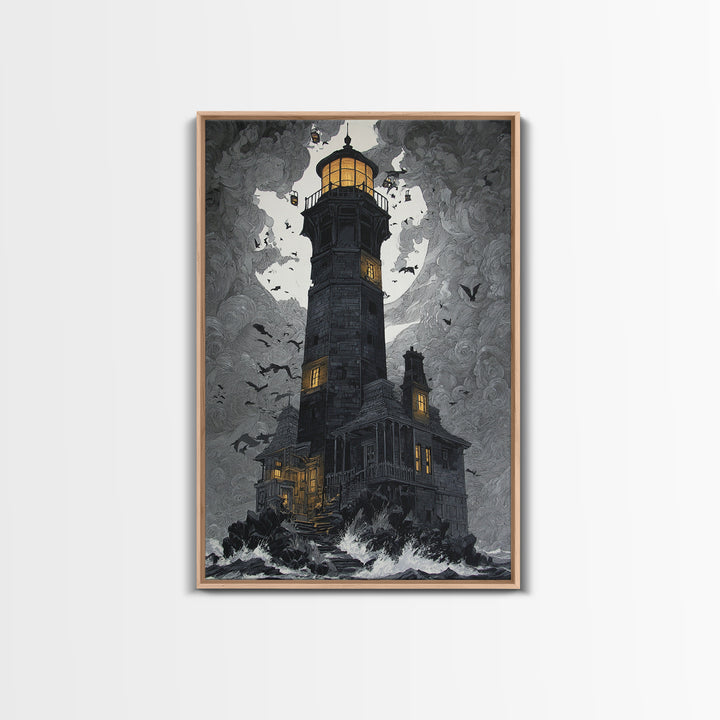 The Cursed Lighthouse, Vertical Wall Art, Macabre Wall Art, Framed Canvas Print, Halloween Wall Decor, Gothic Home Decor