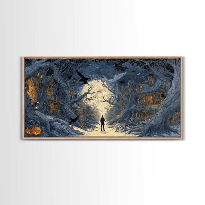 The Ghost Town Main Street, Wide Panoramic Art, Haunted Gothic Art, Framed Canvas Print, Halloween Wall Decor, Gothic Home Decor