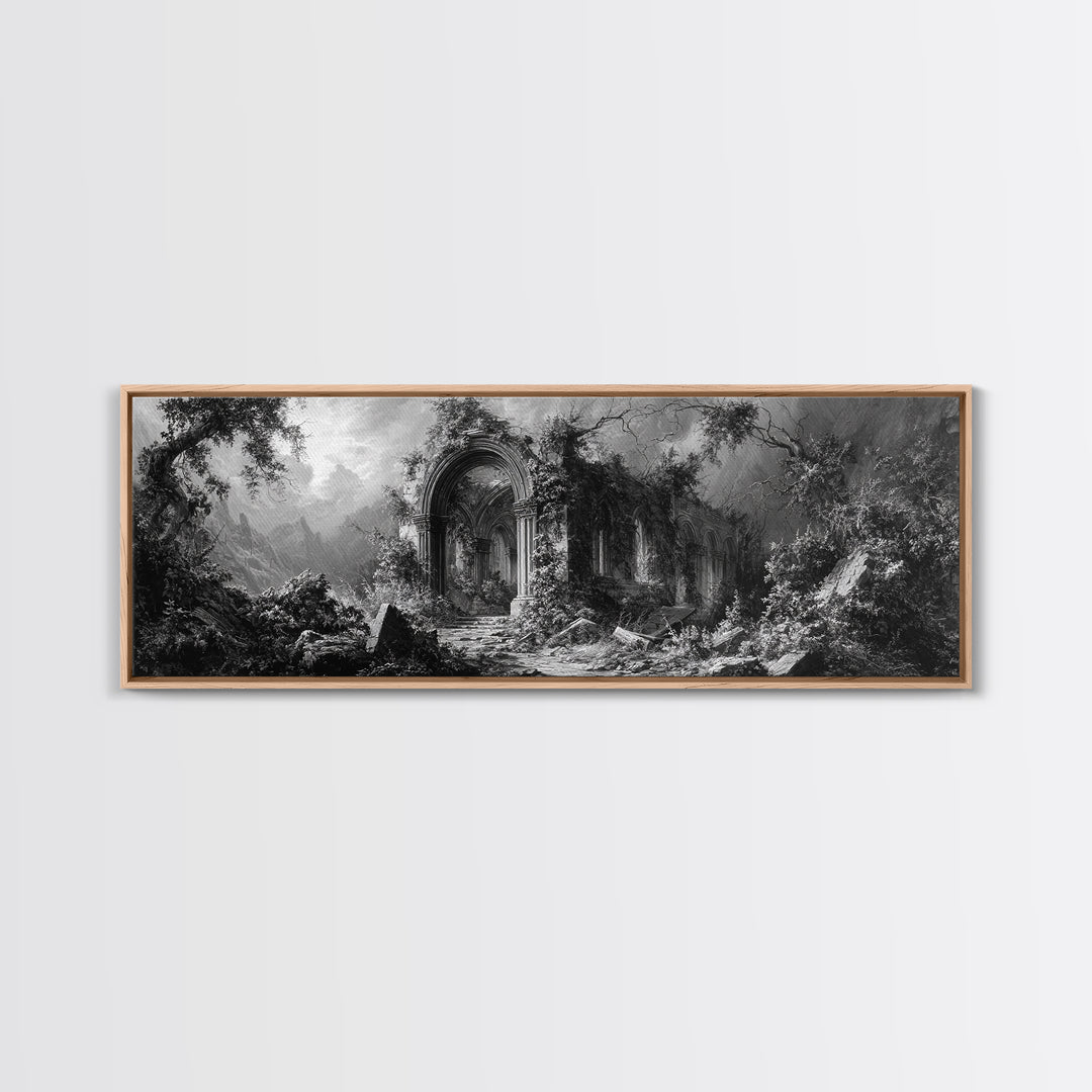The Overgrown Chapel, Extra Wide Wall Art, Haunted Gothic Art, Framed Canvas Print, Halloween Wall Decor, Gothic Home Decor