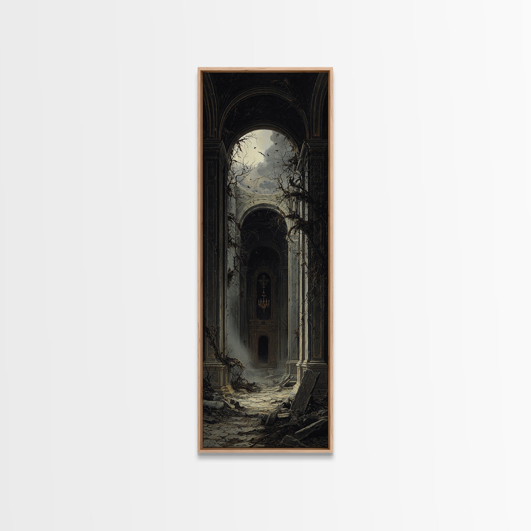 The Overgrown Chapel, Tall Narrow Wall Art, Dark Halloween Decor, Canvas Print, Halloween Wall Decor, Gothic Home Decor, Spooky Wall Decor