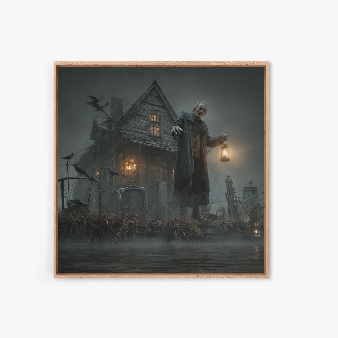 The Foggy Swamp Shack, Square Wall Art, Haunted Gothic Art, Framed Canvas Print, Halloween Wall Decor, Gothic Home Decor, Spooky Wall Decor
