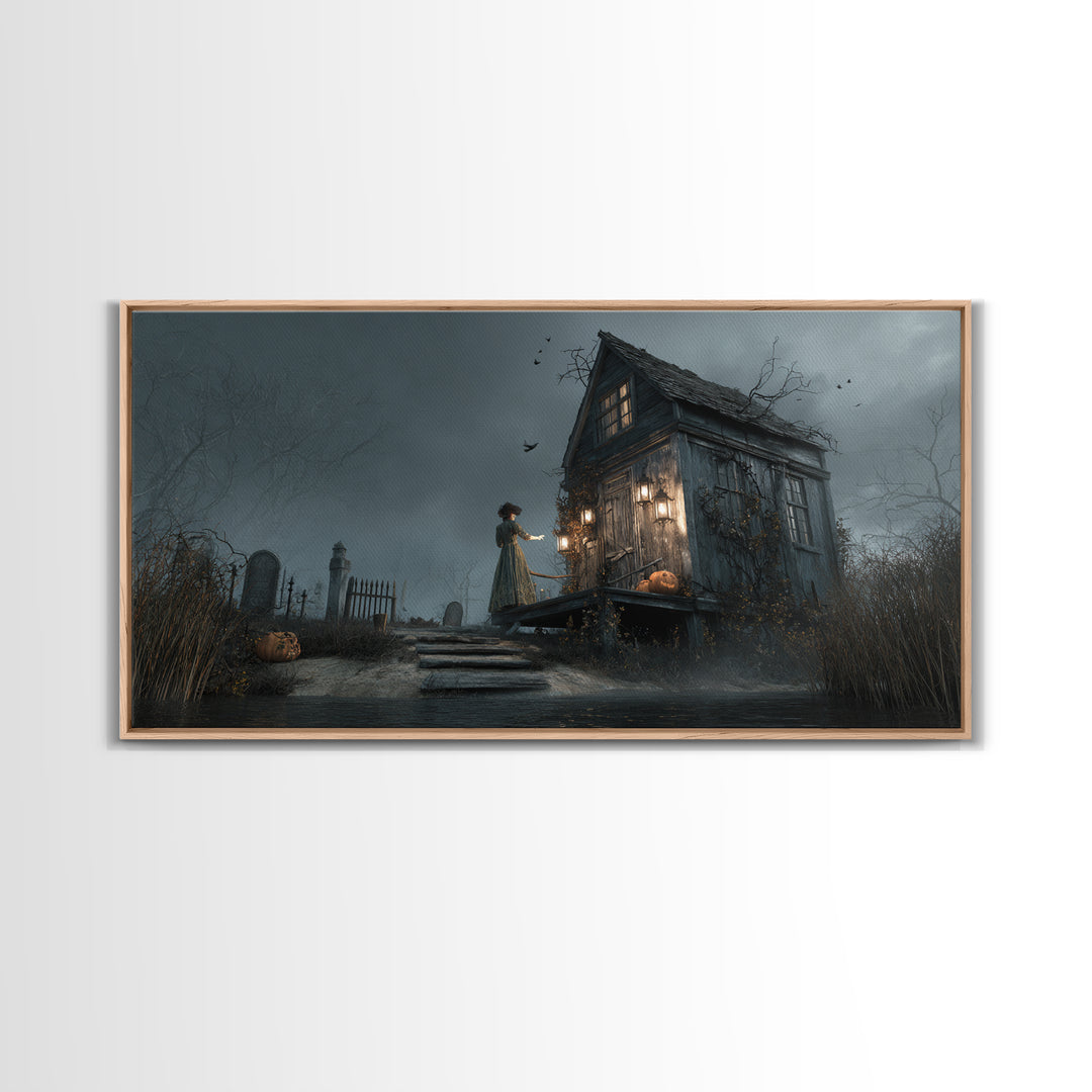 The Foggy Swamp Shack, Wide Panoramic Art, Gothic Horror Wall Art, Framed Canvas Print, Halloween Wall Decor, Gothic Home Decor