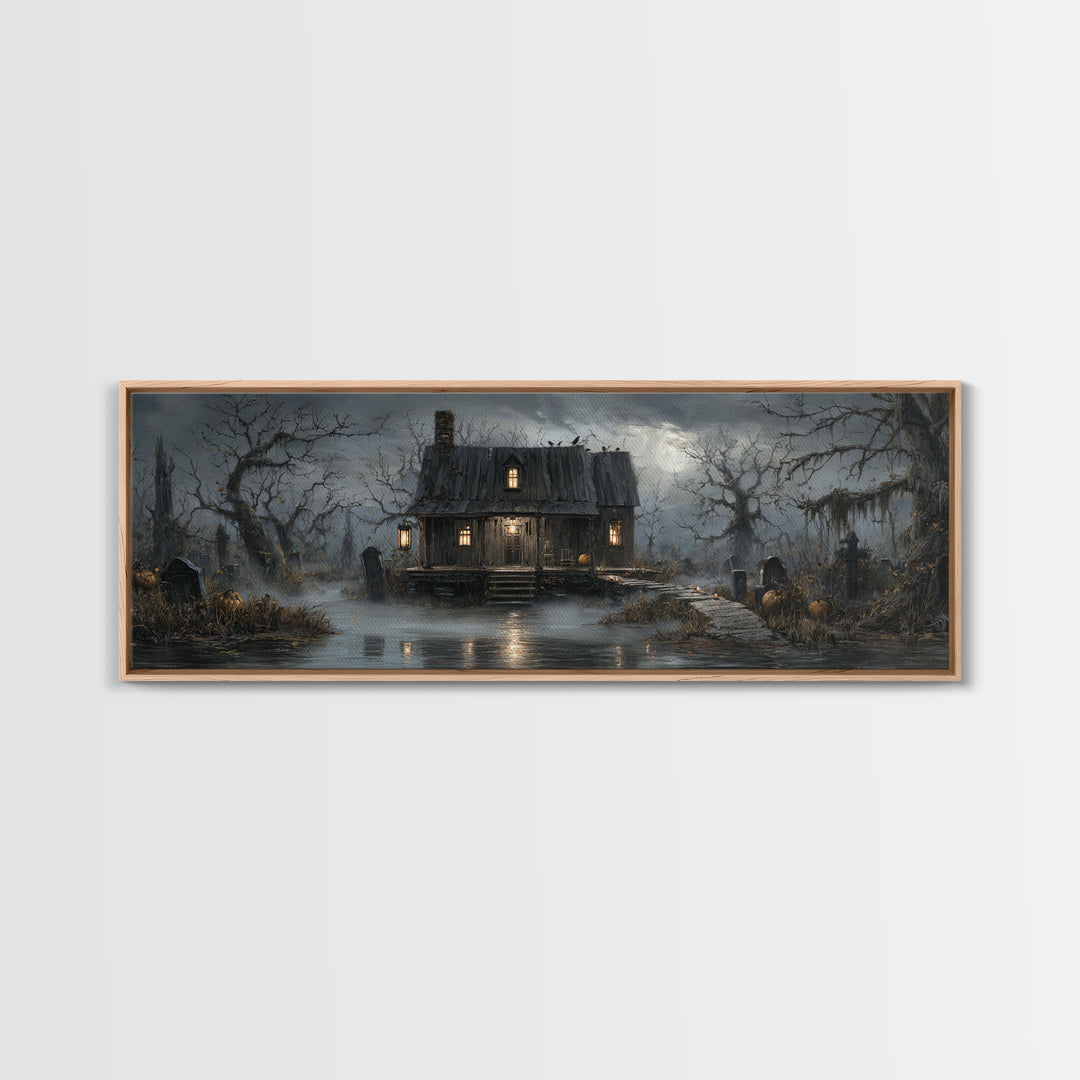 The Foggy Swamp Shack, Extra Wide Wall Art, Haunted Gothic Art, Framed Canvas Print, Halloween Wall Decor, Gothic Home Decor