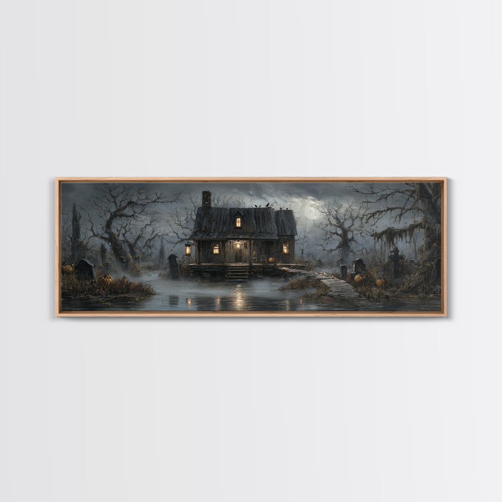 The Foggy Swamp Shack, Extra Wide Wall Art, Haunted Gothic Art, Framed Canvas Print, Halloween Wall Decor, Gothic Home Decor