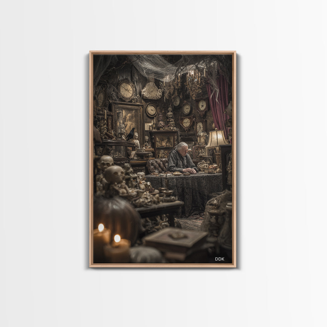 The Midnight Antique Shop, Vertical Wall Art, Macabre Wall Art, Framed Canvas Print, Halloween Wall Decor, Gothic Home Decor