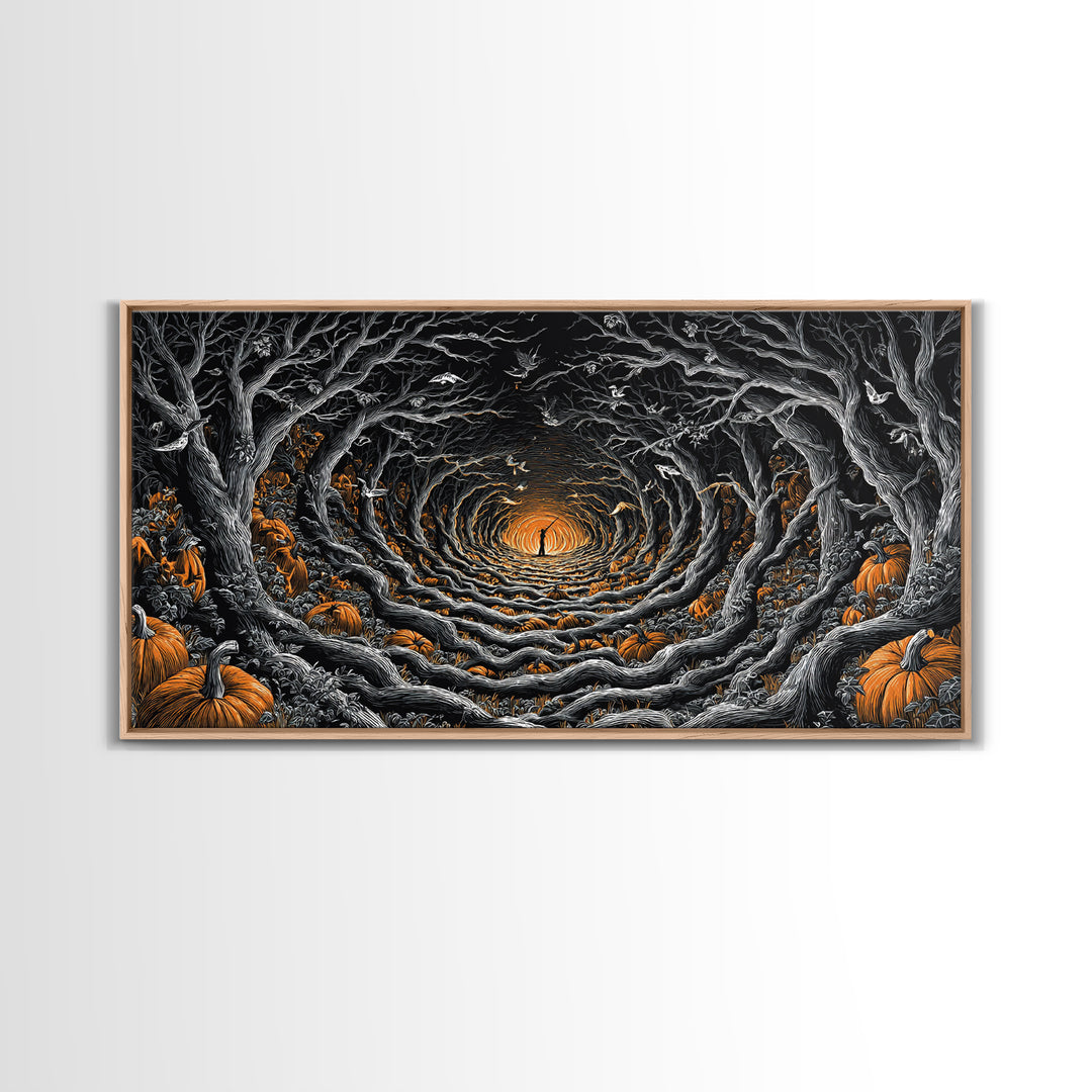 The Pumpkin Patch Maze, Wide Panoramic Art, Dark Halloween Decor, Canvas Print, Halloween Wall Decor, Gothic Home Decor, Macabre Wall Art