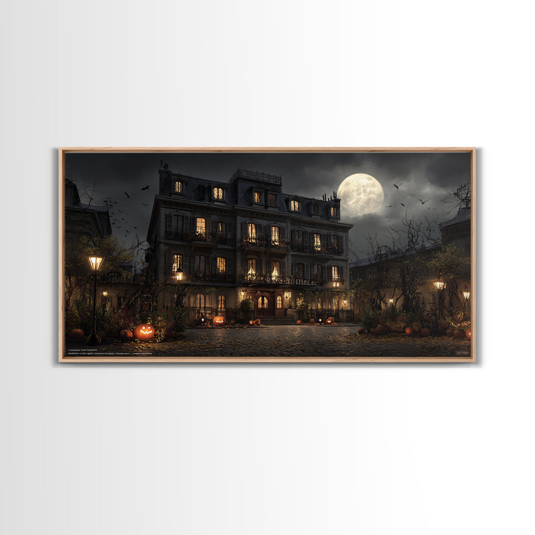 The Haunted Hotel, Wide Panoramic Art, Macabre Wall Art, Framed Canvas Print, Halloween Wall Decor, Gothic Home Decor, Horror Wall Art