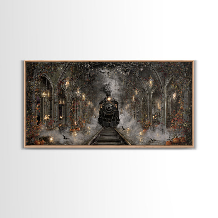 The Abandoned Train Station, Wide Panoramic Art, Macabre Wall Art, Framed Canvas Print, Halloween Wall Decor, Gothic Home Decor