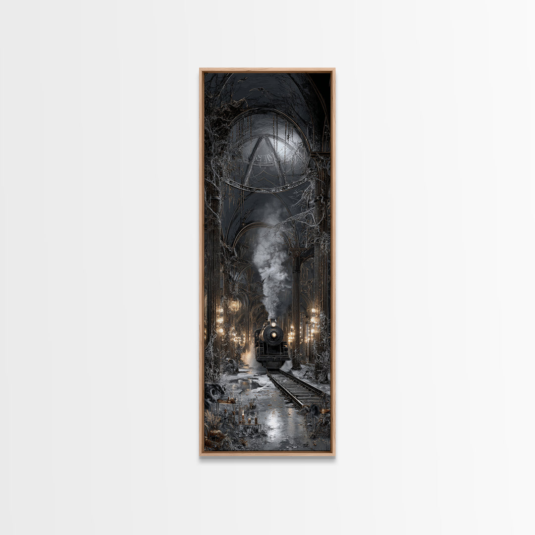 The Abandoned Train Station, Tall Narrow Wall Art, Gothic Horror Wall Art, Framed Canvas Print, Halloween Wall Decor, Gothic Home Decor
