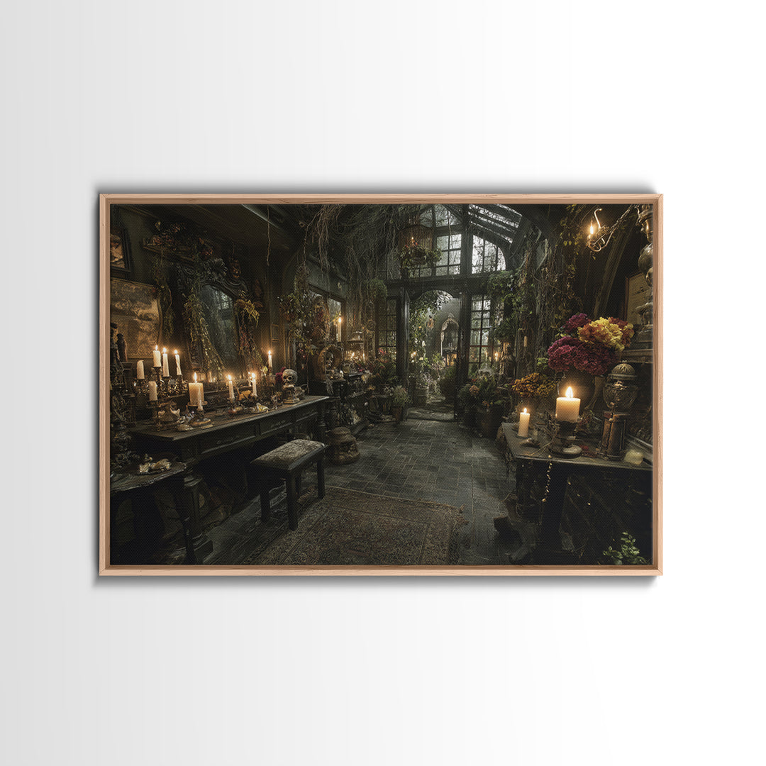 The Cemetery Greenhouse, Landscape Wall Art, Macabre Wall Art, Framed Canvas Print, Halloween Wall Decor, Gothic Home Decor, Halloween Decor
