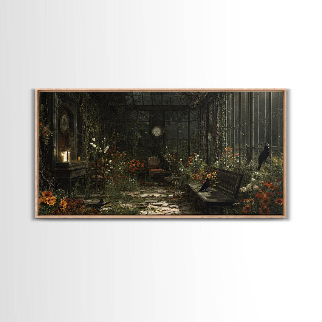 The Cemetery Greenhouse, Wide Panoramic Art, Spooky Home Decor, Canvas Print, Halloween Wall Decor, Gothic Home Decor, Horror Wall Art
