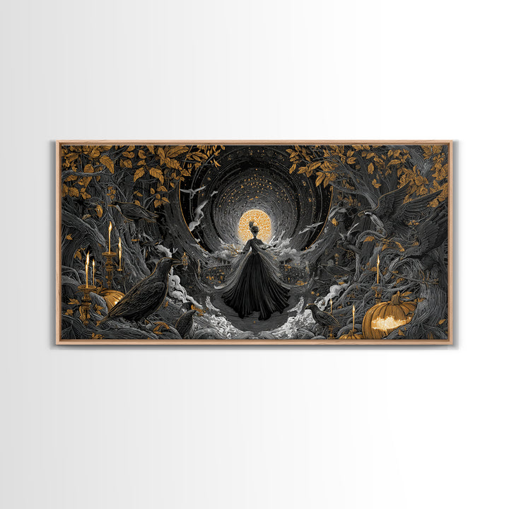 The Midnight Masquerade, Wide Panoramic Art, Haunted Gothic Art, Framed Canvas Print, Halloween Wall Decor, Gothic Home Decor