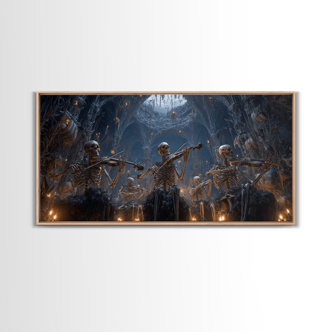 The Skeleton Orchestra, Wide Panoramic Art, Macabre Wall Art, Framed Canvas Print, Halloween Wall Decor, Gothic Home Decor
