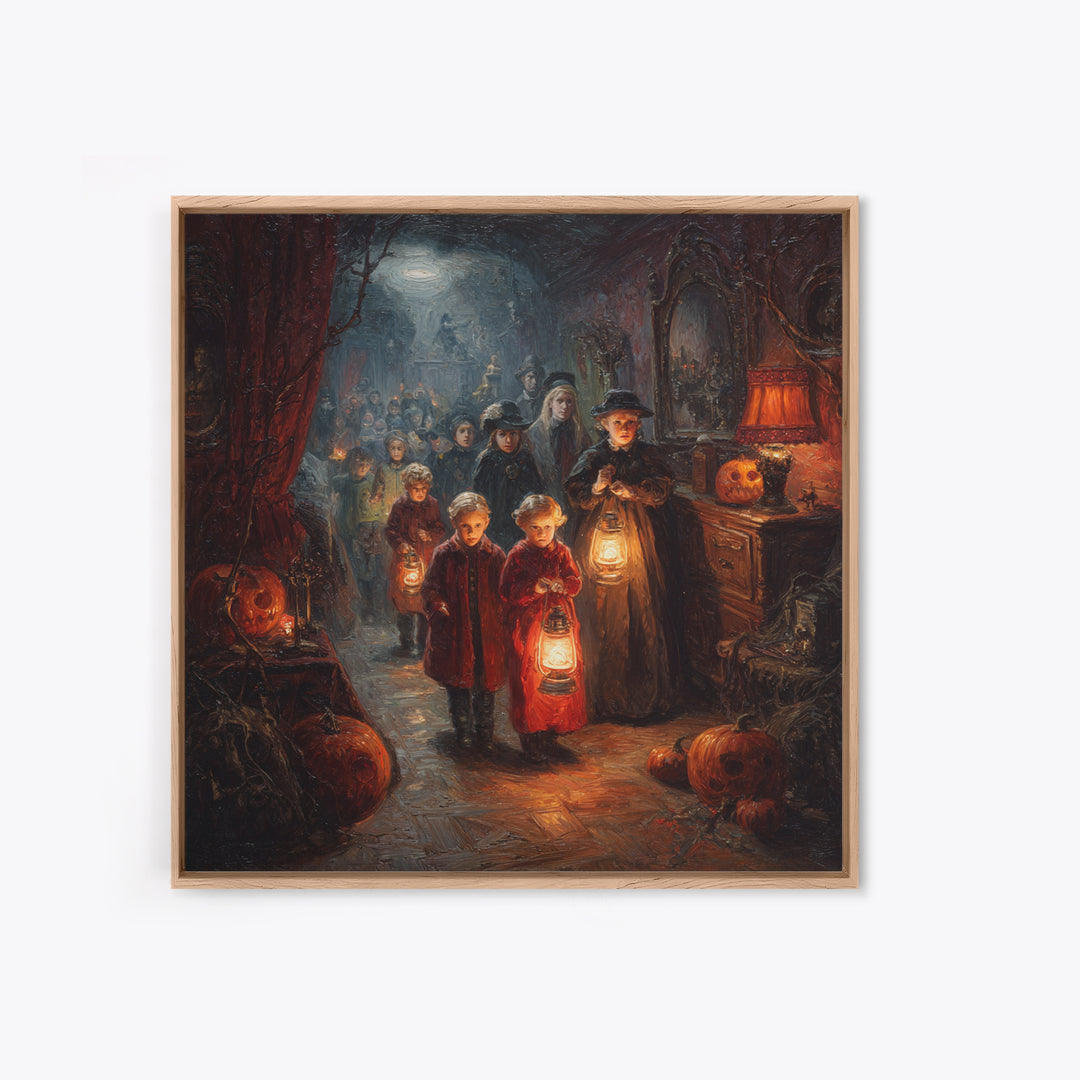 The Trick-Or-Treat Procession, Square Wall Art, Haunted Gothic Art, Framed Canvas Print, Halloween Wall Decor, Gothic Home Decor