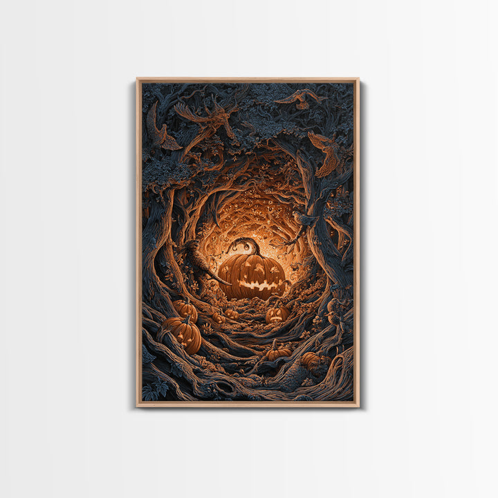 The Pumpkin-Carving Ritual, Vertical Wall Art, Haunted Gothic Art, Framed Canvas Print, Halloween Wall Decor, Gothic Home Decor