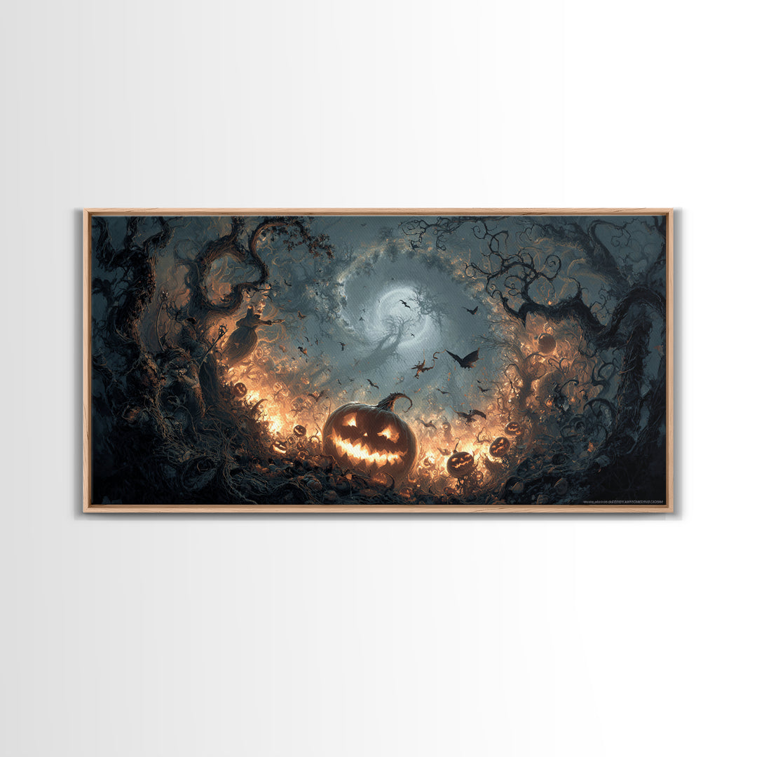 The Pumpkin-Carving Ritual, Wide Panoramic Art, Dark Fantasy Wall Art, Canvas Print, Halloween Wall Decor, Gothic Home Decor