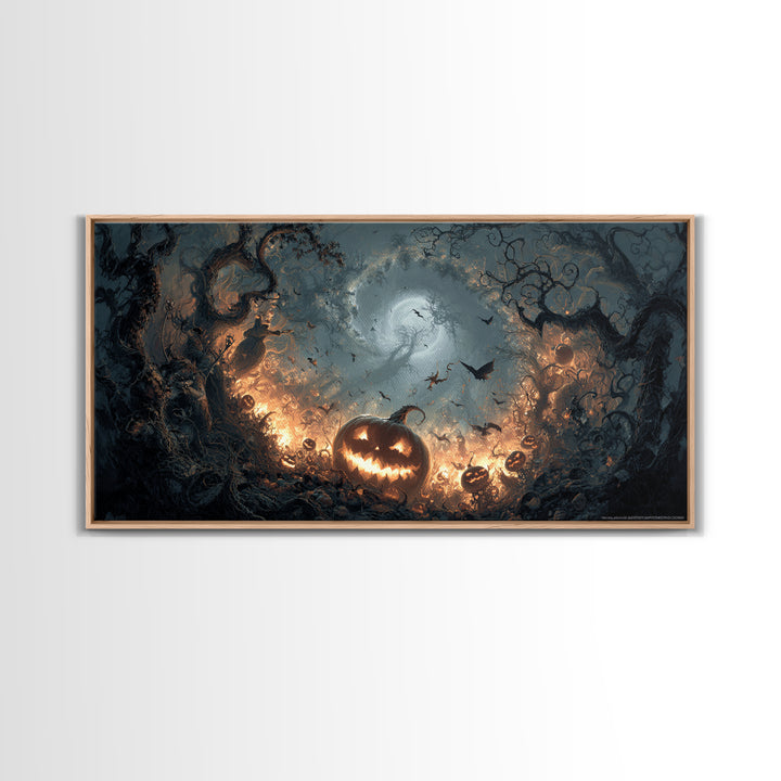The Pumpkin-Carving Ritual, Wide Panoramic Art, Dark Fantasy Wall Art, Canvas Print, Halloween Wall Decor, Gothic Home Decor
