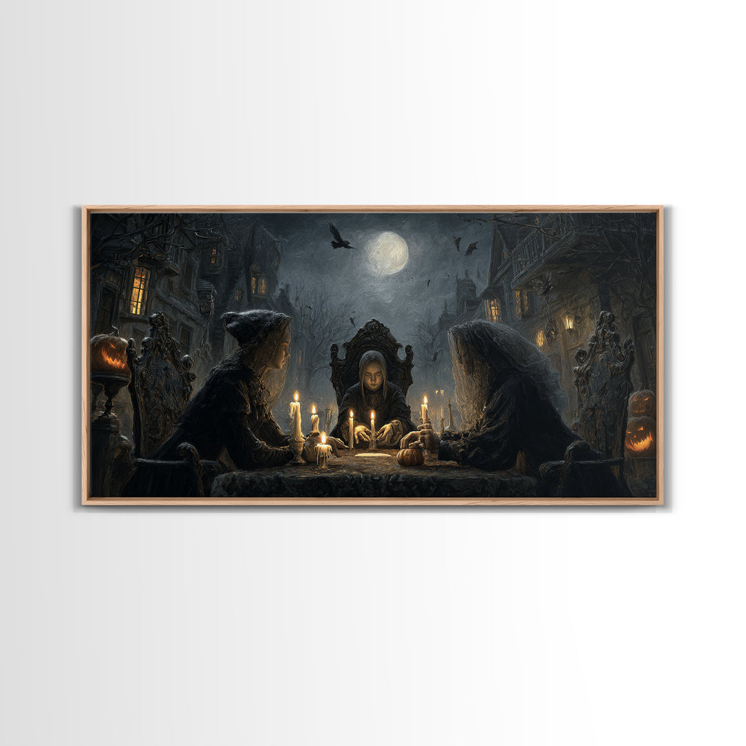 The Candlelit Seance, Wide Panoramic Art, Haunted Gothic Art, Framed Canvas Print, Halloween Wall Decor, Gothic Home Decor
