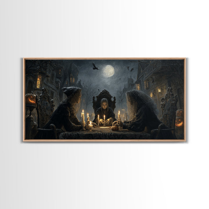 The Candlelit Seance, Wide Panoramic Art, Haunted Gothic Art, Framed Canvas Print, Halloween Wall Decor, Gothic Home Decor