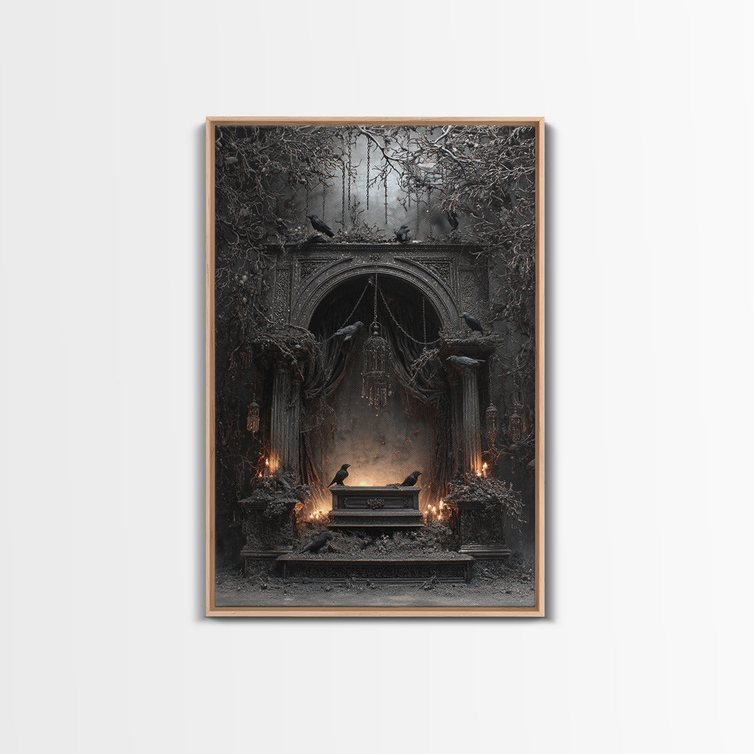 The Raven Funeral, Vertical Wall Art, Gothic Horror Wall Art, Framed Canvas Print, Halloween Wall Decor, Gothic Home Decor, Dark Fantasy Art