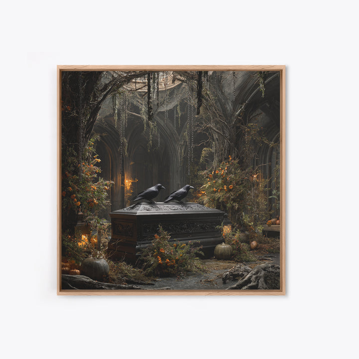 The Raven Funeral, Square Wall Art, Haunted Gothic Art, Framed Canvas Print, Halloween Wall Decor, Gothic Home Decor, Macabre Wall Art
