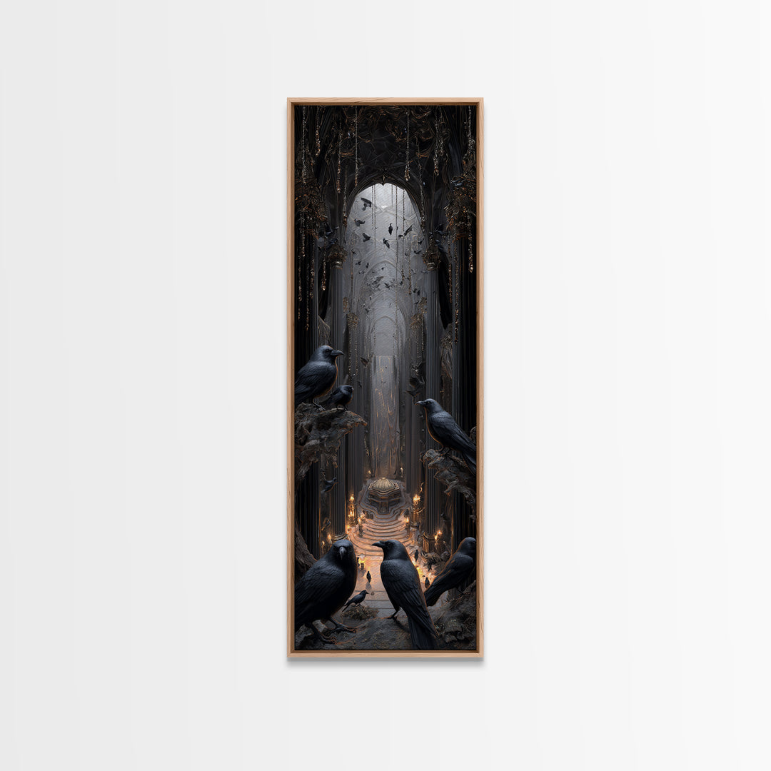 The Raven Funeral, Tall Narrow Wall Art, Gothic Horror Wall Art, Framed Canvas Print, Halloween Wall Decor, Gothic Home Decor