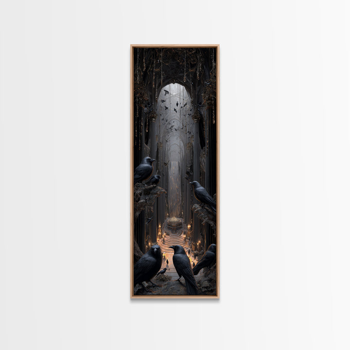 The Raven Funeral, Tall Narrow Wall Art, Gothic Horror Wall Art, Framed Canvas Print, Halloween Wall Decor, Gothic Home Decor