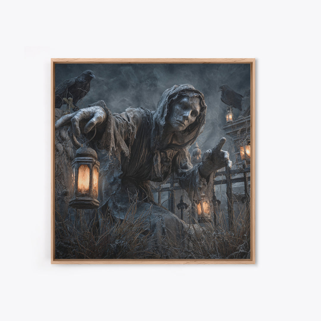 The Cemetery Lantern Festival, Square Wall Art, Haunted Gothic Art, Framed Canvas Print, Halloween Wall Decor, Gothic Home Decor