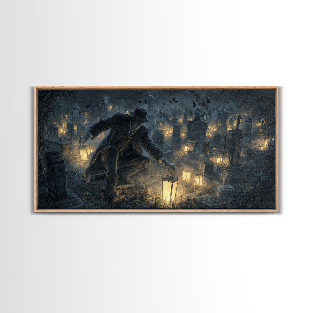 The Cemetery Lantern Festival, Wide Panoramic Art, Dark Fantasy Wall Art, Canvas Print, Halloween Wall Decor, Gothic Home Decor