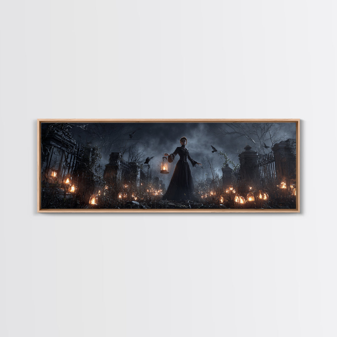 The Cemetery Lantern Festival, Extra Wide Wall Art, Macabre Wall Art, Framed Canvas Print, Halloween Wall Decor, Gothic Home Decor