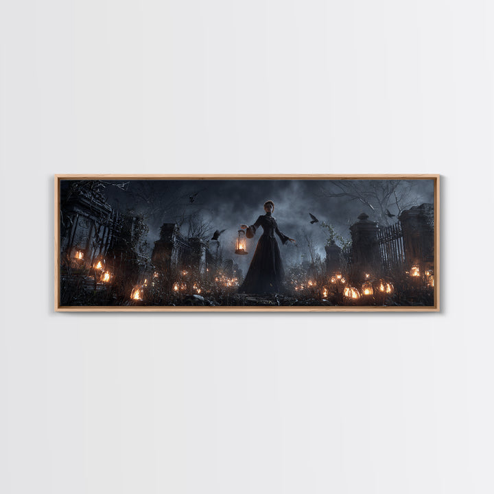 The Cemetery Lantern Festival, Extra Wide Wall Art, Macabre Wall Art, Framed Canvas Print, Halloween Wall Decor, Gothic Home Decor