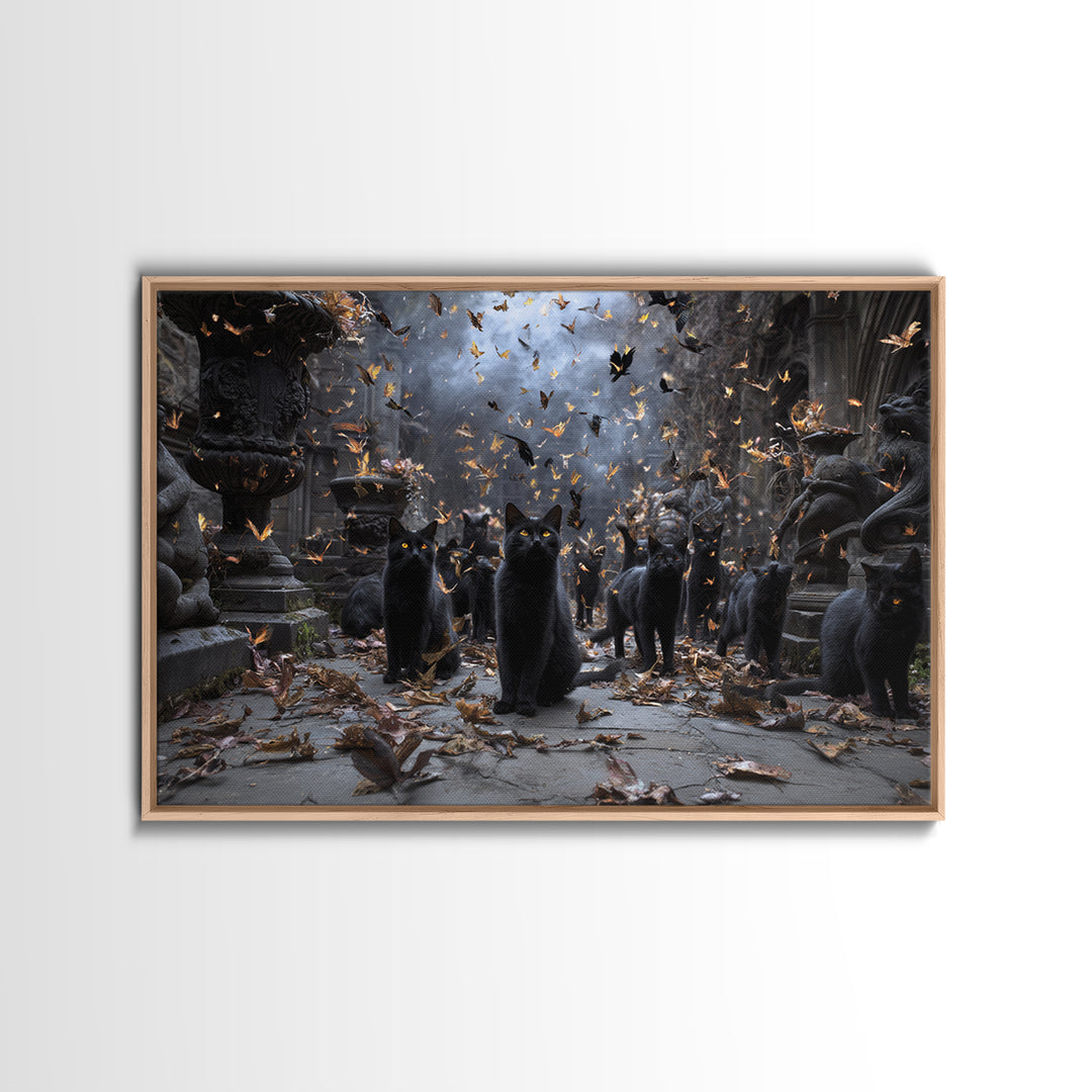 The Black Cat Gathering, Landscape Wall Art, Haunted Gothic Art, Framed Canvas Print, Halloween Wall Decor, Gothic Home Decor