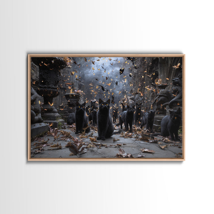 The Black Cat Gathering, Landscape Wall Art, Haunted Gothic Art, Framed Canvas Print, Halloween Wall Decor, Gothic Home Decor