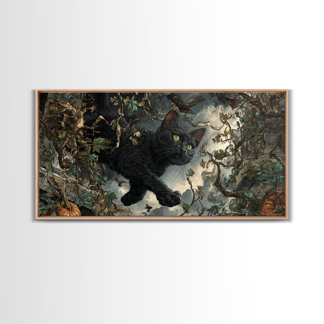 The Black Cat Gathering, Wide Panoramic Art, Gothic Horror Wall Art, Framed Canvas Print, Halloween Wall Decor, Gothic Home Decor