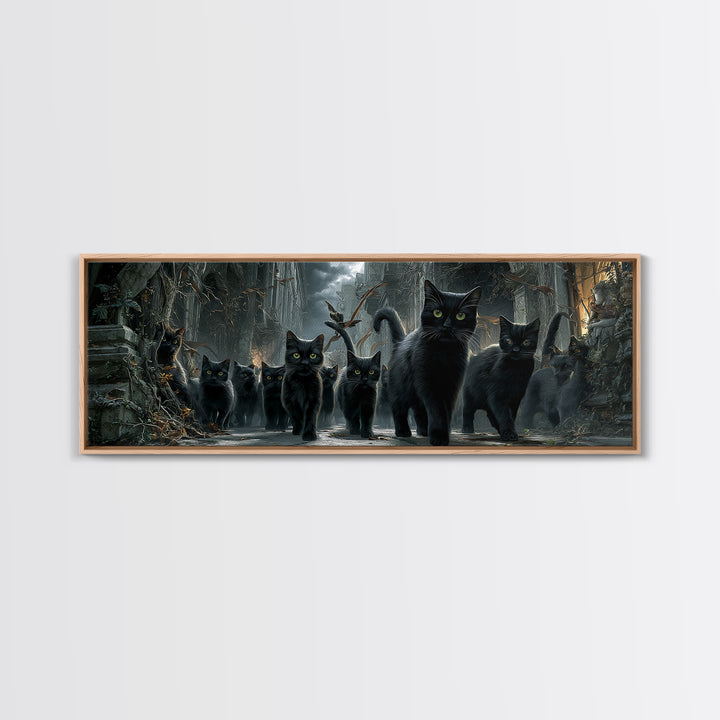 The Black Cat Gathering, Extra Wide Wall Art, Gothic Horror Wall Art, Framed Canvas Print, Halloween Wall Decor, Gothic Home Decor