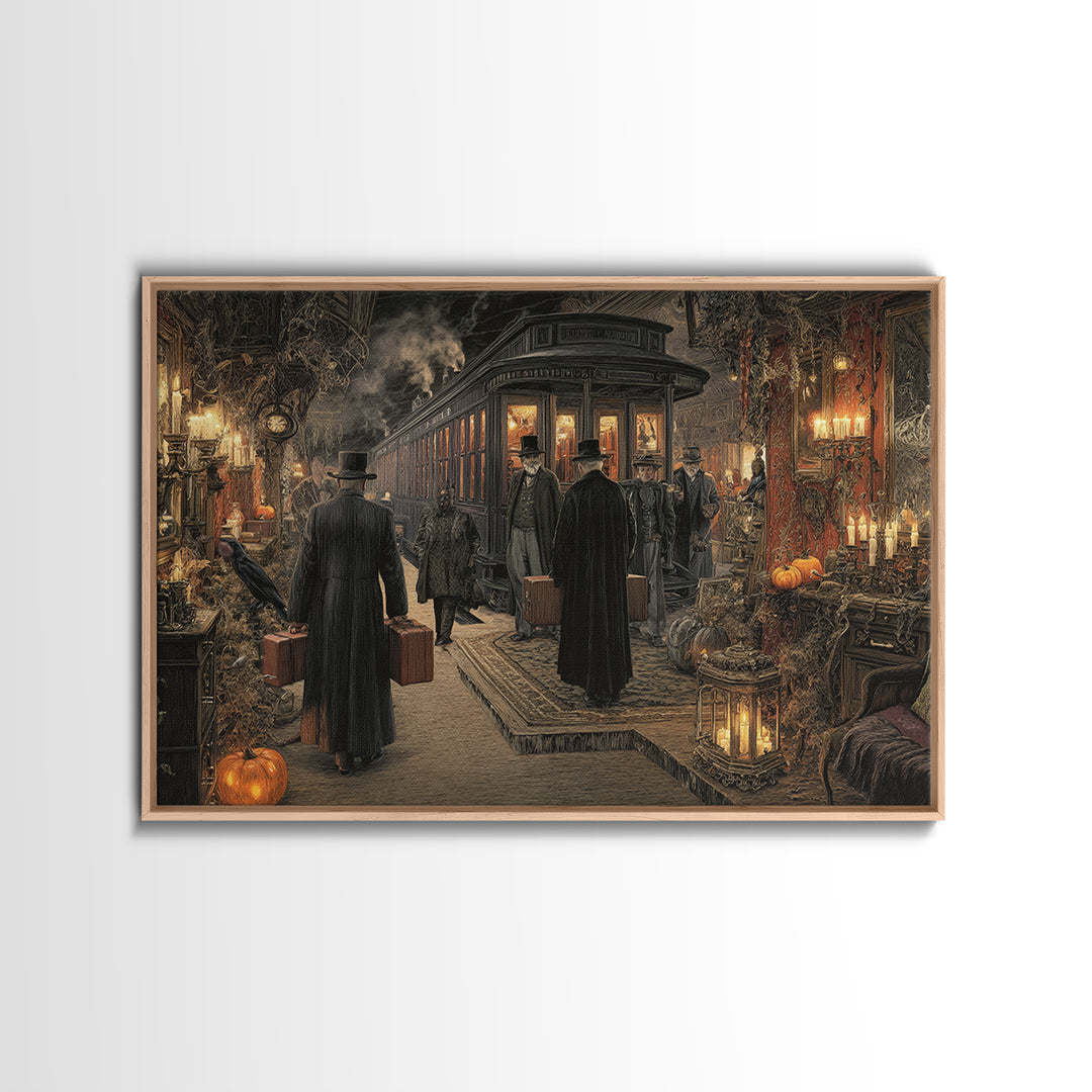 The Ghost Train Arrival, Landscape Wall Art, Haunted Gothic Art, Framed Canvas Print, Halloween Wall Decor, Gothic Home Decor
