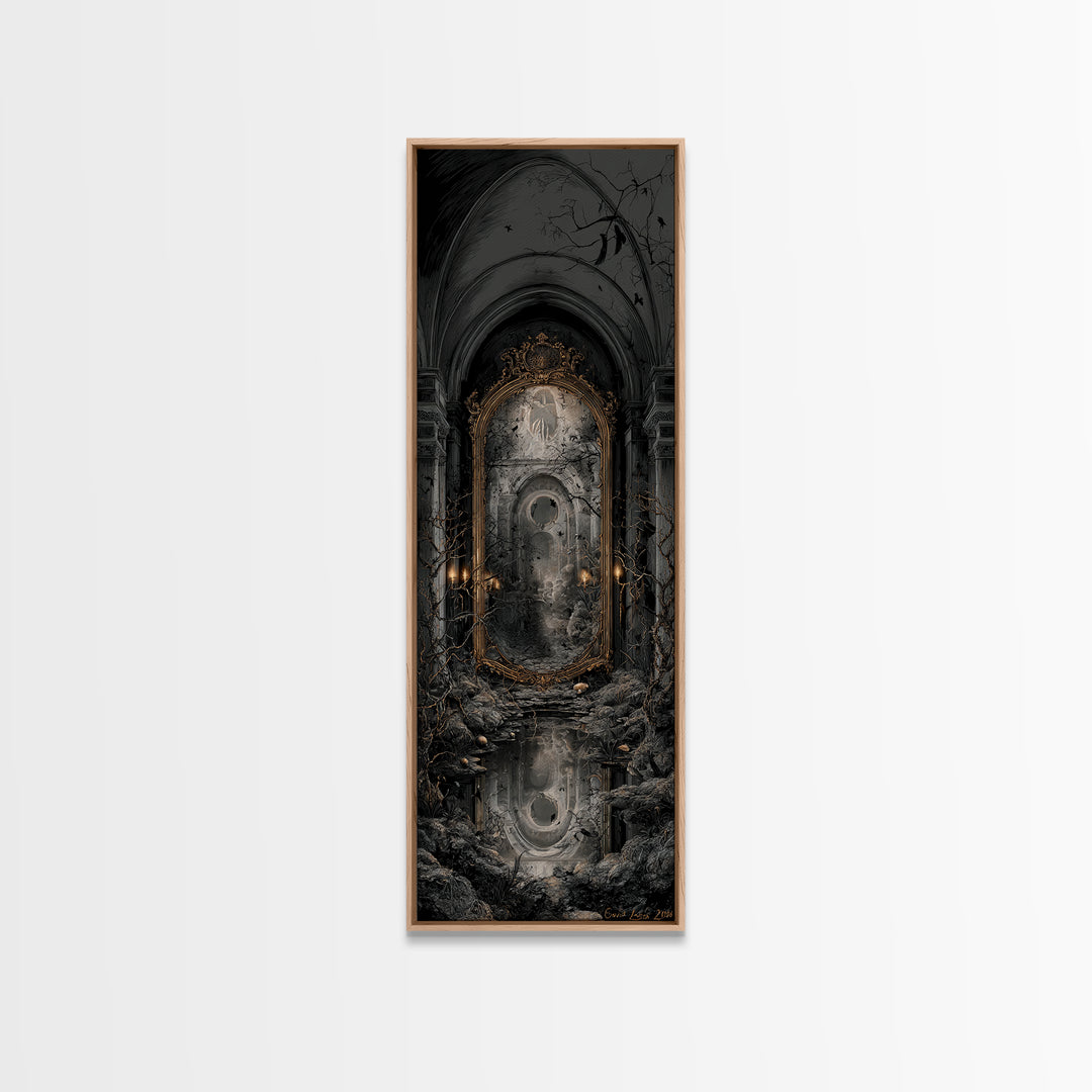 The Cursed Mirror, Tall Narrow Wall Art, Gothic Horror Wall Art, Framed Canvas Print, Halloween Wall Decor, Gothic Home Decor