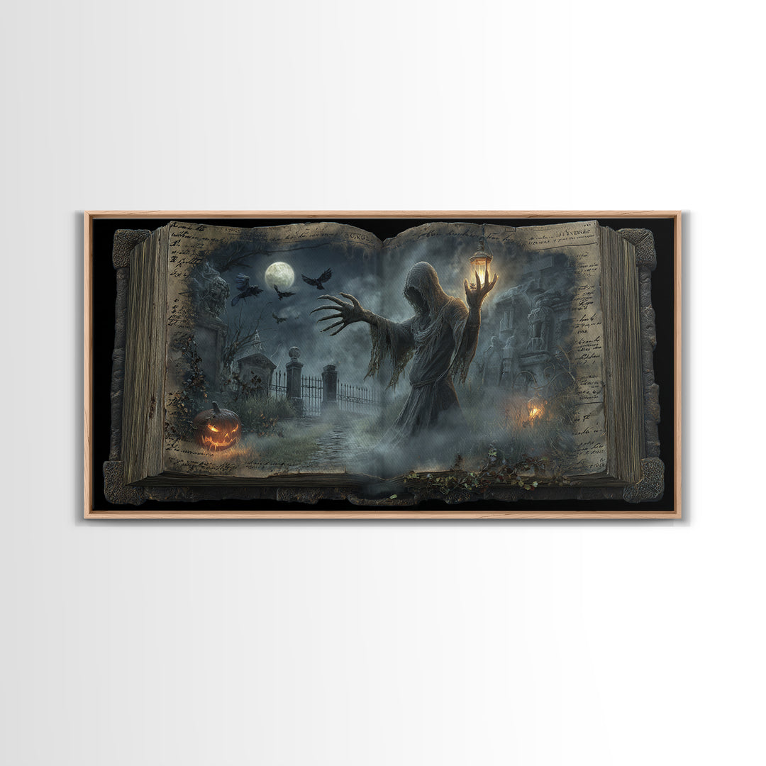 The Living Spellbook, Wide Panoramic Art, Macabre Wall Art, Framed Canvas Print, Halloween Wall Decor, Gothic Home Decor, Dark Fantasy Art