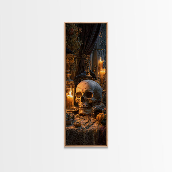 The Talking Skull, Tall Narrow Wall Art, Gothic Horror Wall Art, Framed Canvas Print, Halloween Wall Decor, Gothic Home Decor