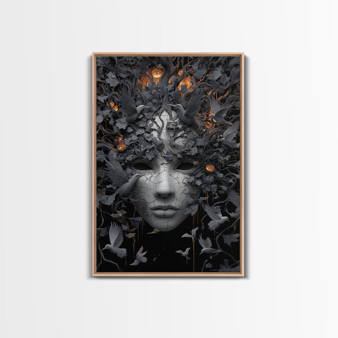 The Cracked Porcelain Mask, Vertical Wall Art, Dark Halloween Decor, Canvas Print, Halloween Wall Decor, Gothic Home Decor